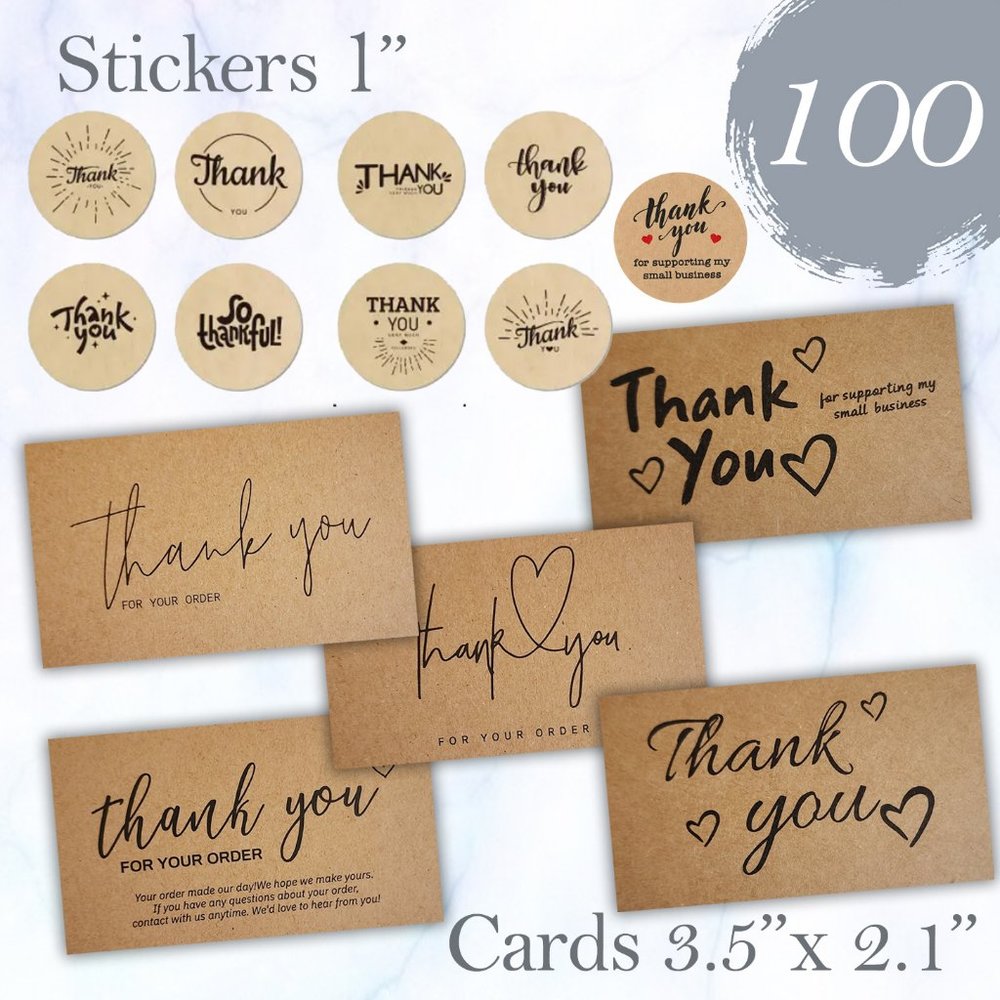 100 Pcs. Thank you Cards & Stickes Kraft Bundle